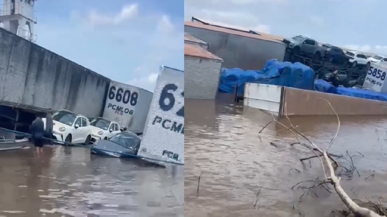 Balsa carregada com veículos fica parcialmente submersa no Rio Amazonas a caminho de Parintins