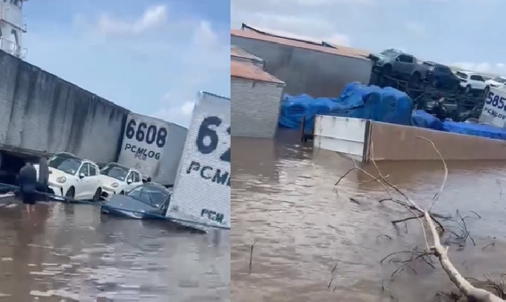 Balsa carregada com veículos fica parcialmente submersa no Rio Amazonas a caminho de Parintins