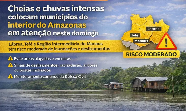 Cheias e chuvas intensas colocam municípios do interior do Amazonas em atenção neste domingo (25)