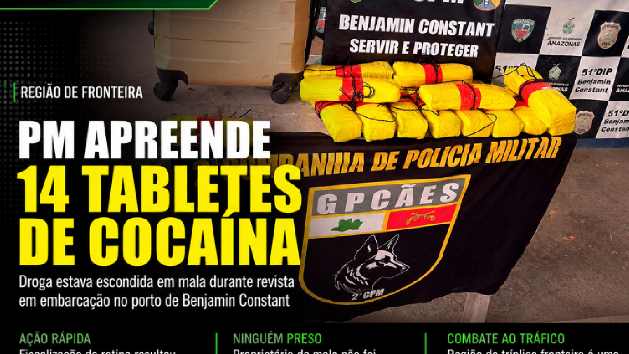 PM apreende 14 tabletes de cocaína em embarcação no porto de Benjamin Constant