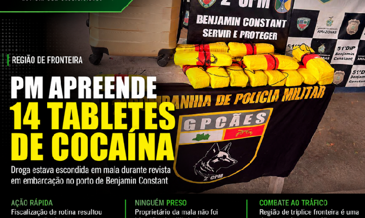PM apreende 14 tabletes de cocaína em embarcação no porto de Benjamin Constant