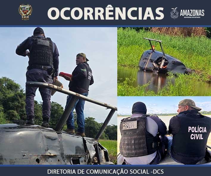 Polícia localiza helicóptero de transporte de drogas que caiu às margens de lago em Juruá