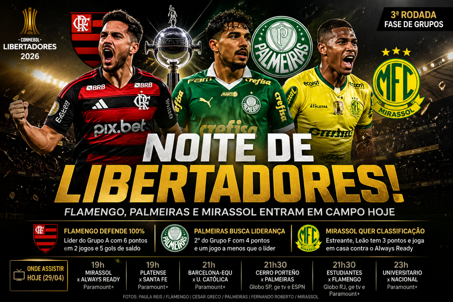 Flamengo defende 100%, Palmeiras briga pela liderança e Mirassol busca classificação: veja onde assistir os jogos de hoje