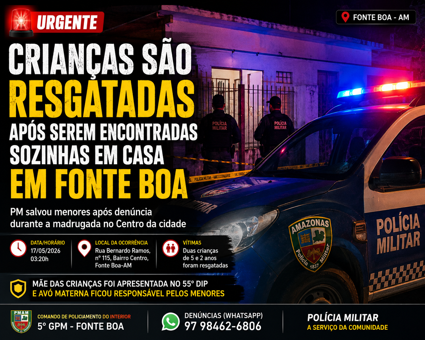 FONTE BOA: CRIANÇAS SÃO RESGATADAS APÓS SEREM ENCONTRADAS TRANCADAS SOZINHAS EM CASA