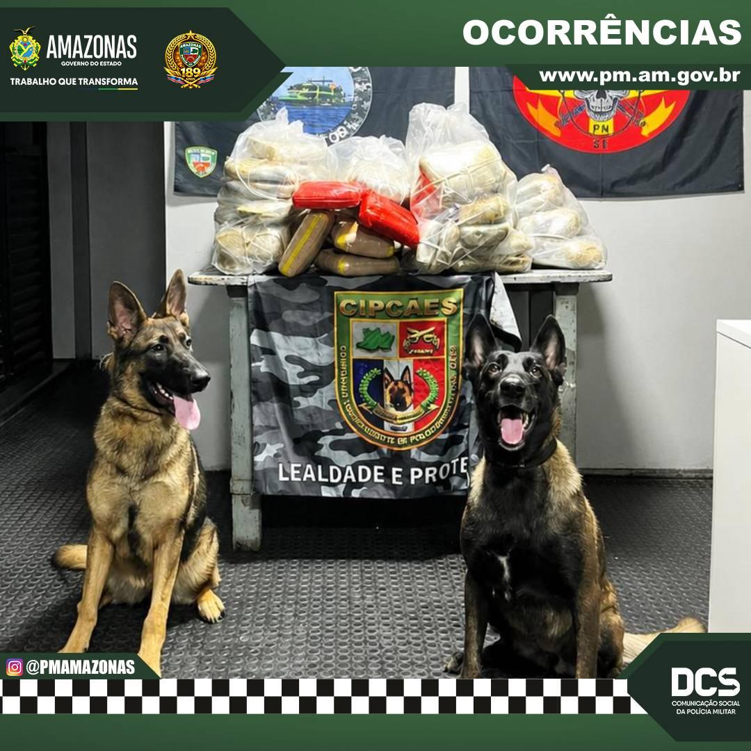 TRAFICANTES TENTAM LEVAR MAIS DE 90 KG DE DROGAS PELO RIO SOLIMÕES, MAS CÃES DA PM DESCOBREM CARGA MILIONÁRIA NA BASE ARPÃO 2