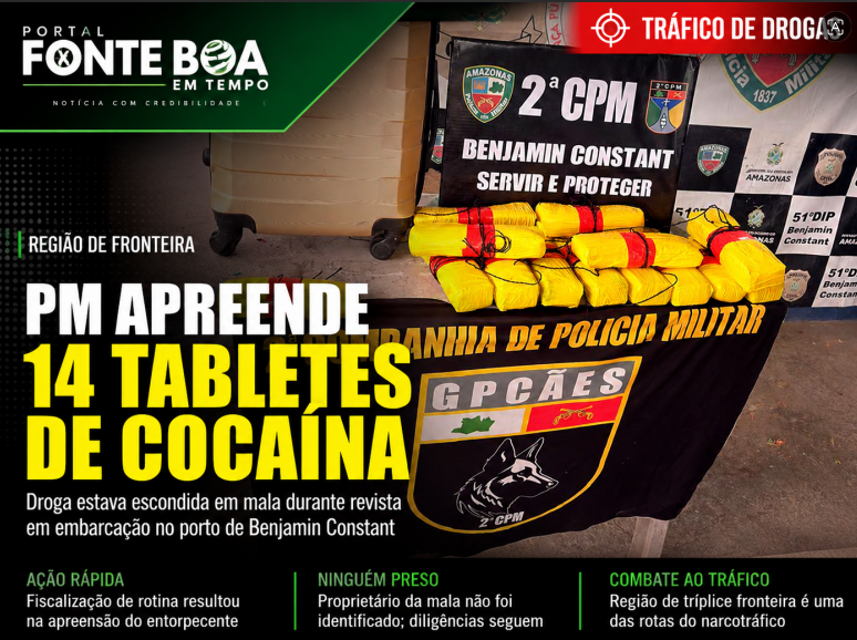 PM apreende 14 tabletes de cocaína em embarcação no porto de Benjamin Constant