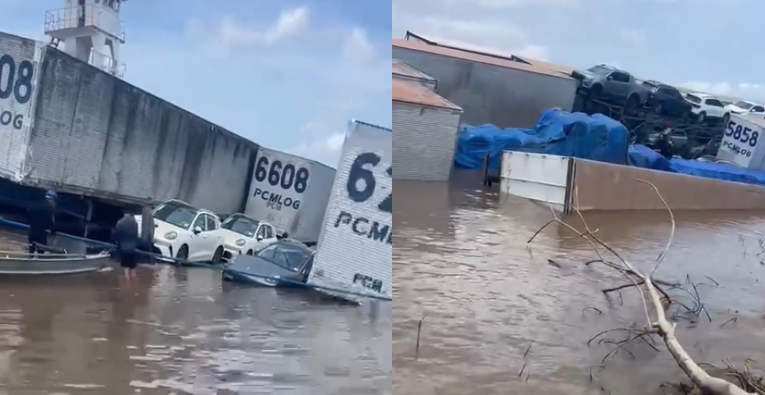 Balsa carregada com veículos fica parcialmente submersa no Rio Amazonas a caminho de Parintins