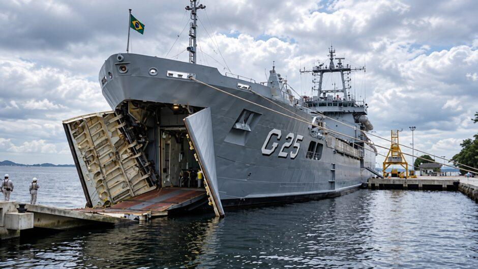 O Navio de Desembarque de Carros de Combate Almirante Saboia (G25), para movimentação de tropas, viaturas, equipamentos e suprimentos. Imagem: Imagem: (Exército Brasileiro).