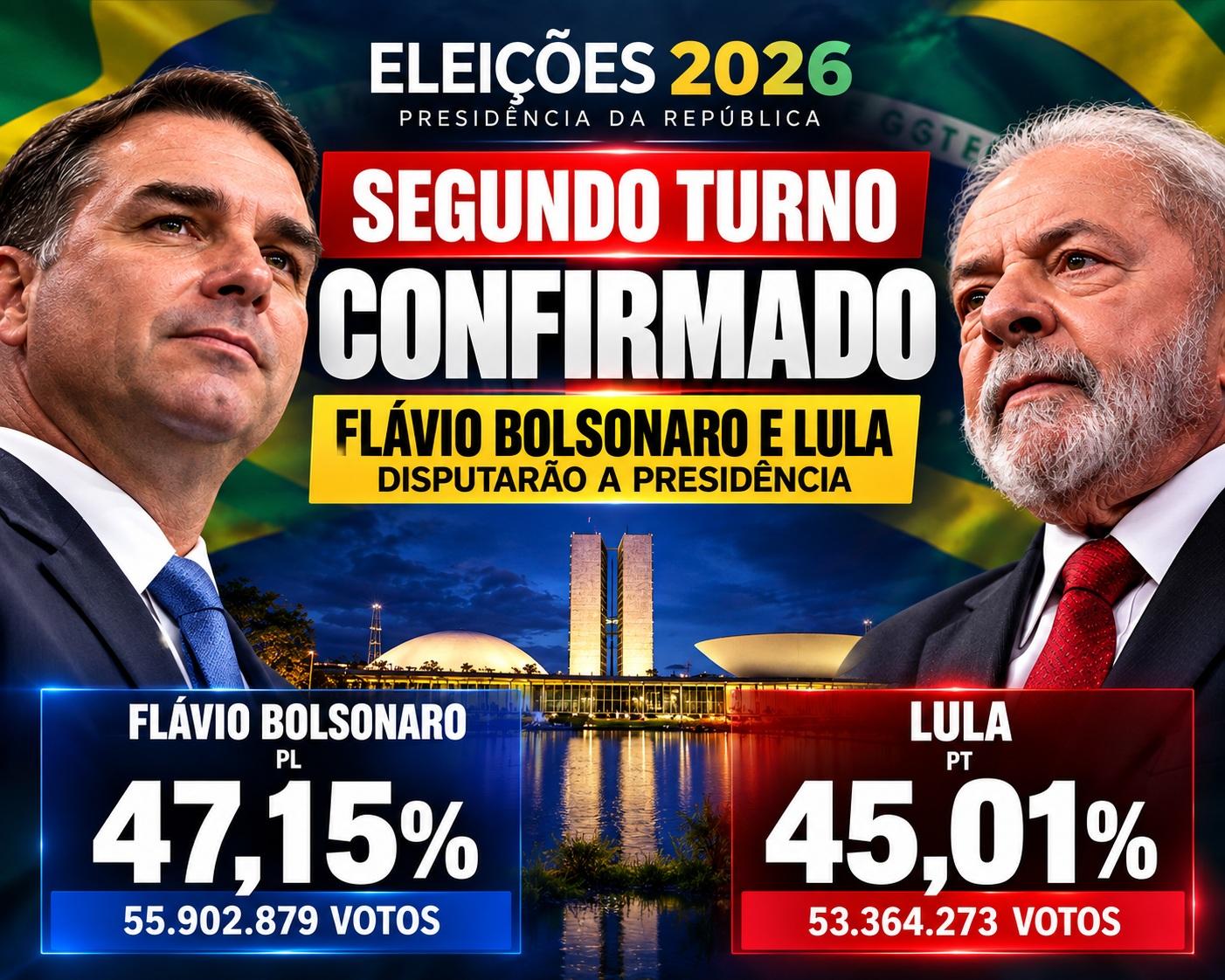 CONFIRMADO: Flávio Bolsonaro e Lula vão disputar o segundo turno pela Presidência
