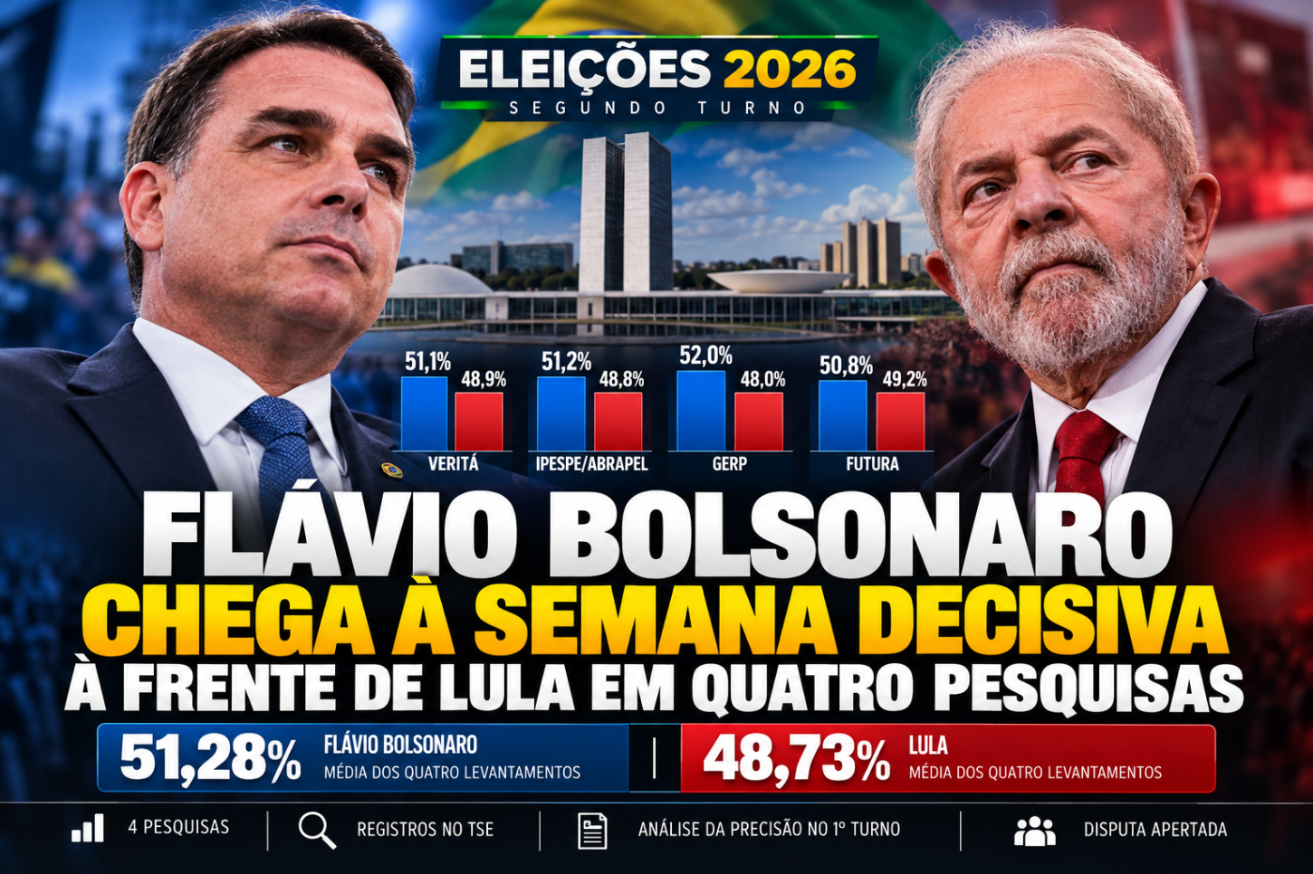 Flávio Bolsonaro chega à semana decisiva à frente de Lula em quatro pesquisas recentes