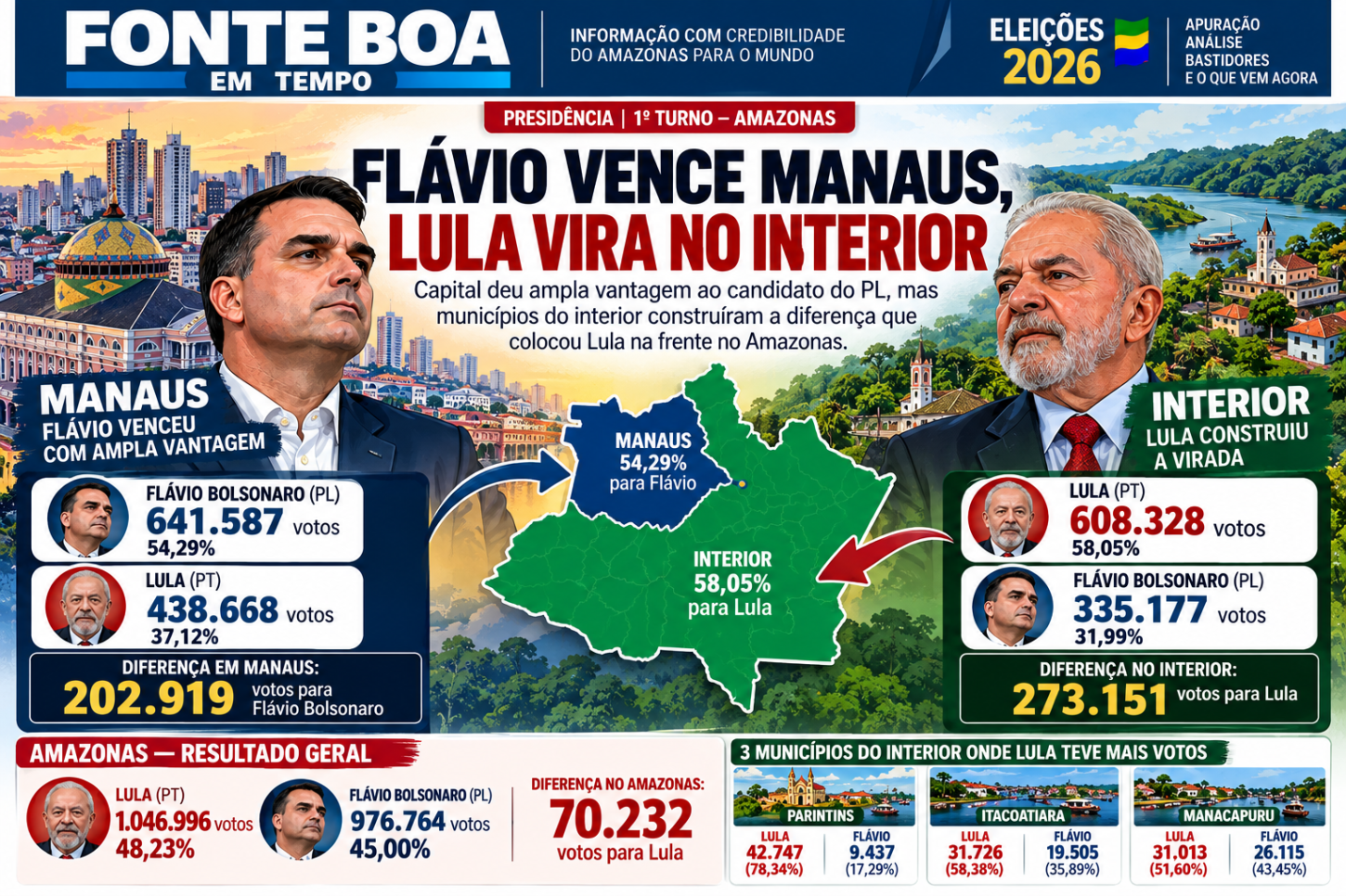 Flávio vence Manaus por mais de 200 mil votos, mas Lula vira no interior e fecha Amazonas na frente