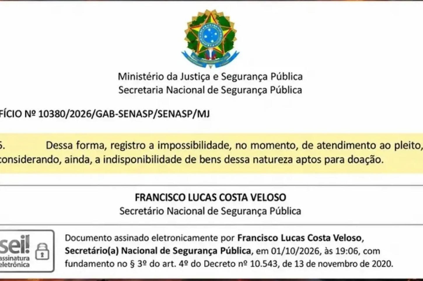 Imagem: Resposta NEGATIVA recebida pelo corpo de bombeiros do Amazonas.
