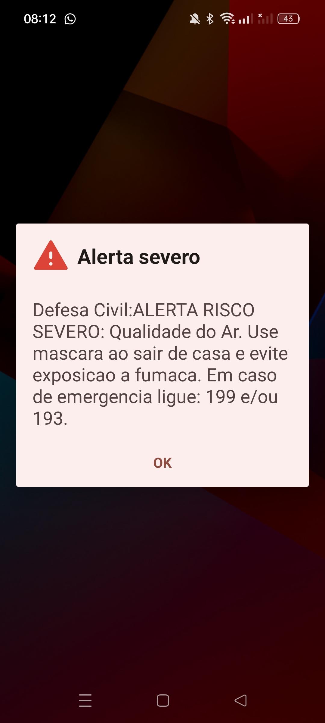 Defesa Civil divulgou ALERTA DE RISCO SEVERO NA QUALIDADE DO AR.