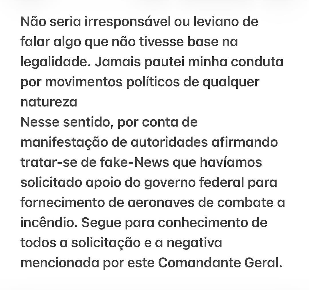 Imagem: Mensagem postada em rede social pelo Comandante.