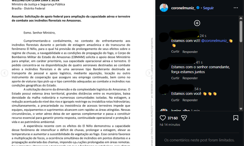 Imagem: Comandante publicou o ofício solicitando ajuda ao governo Federal.